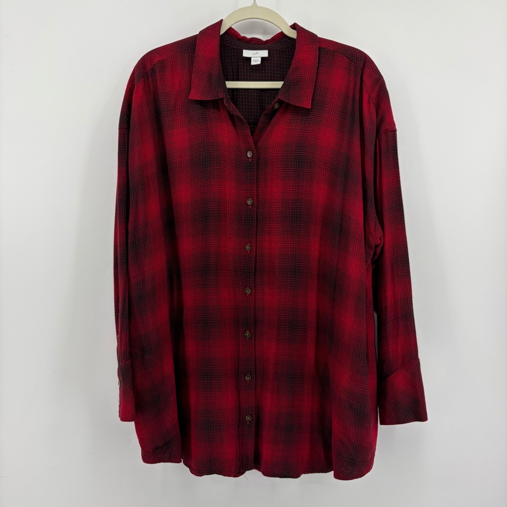 J. Jill Button Down Shirt Red Black Plaid Womens XL Rayon Long Sleeve Pockets